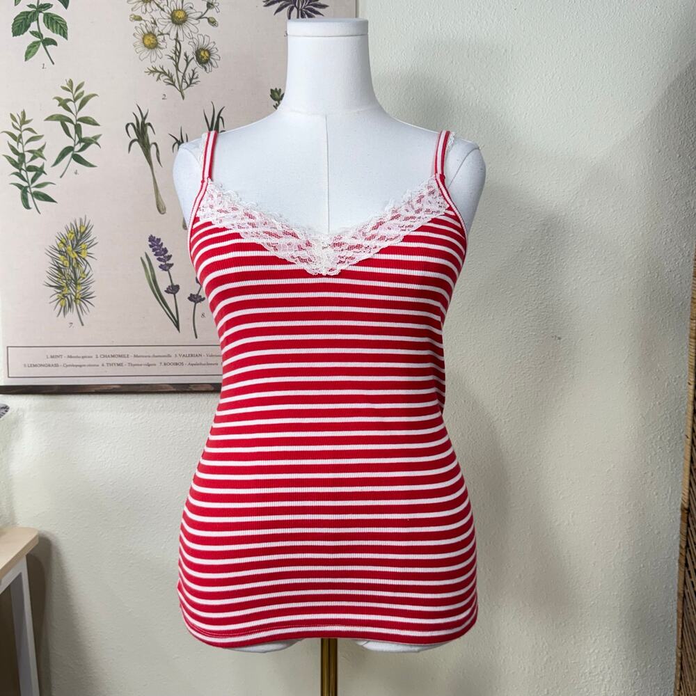 Y2k Red White Striped Lace Ribbed Knit Cami Top Coquette Classic Nautical L - Picture 1 of 8